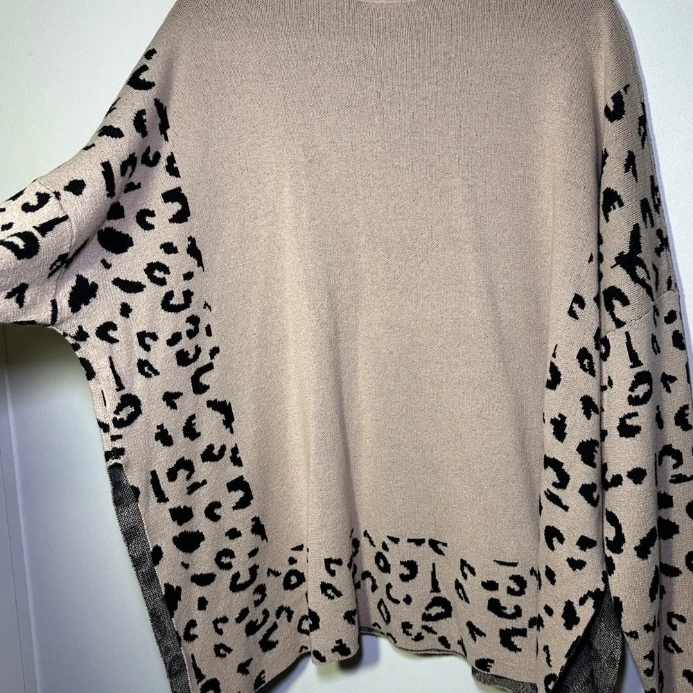 Leopard High Neck Side Slit Oversized Sweater size 2XL Cozy Minimalist Chic